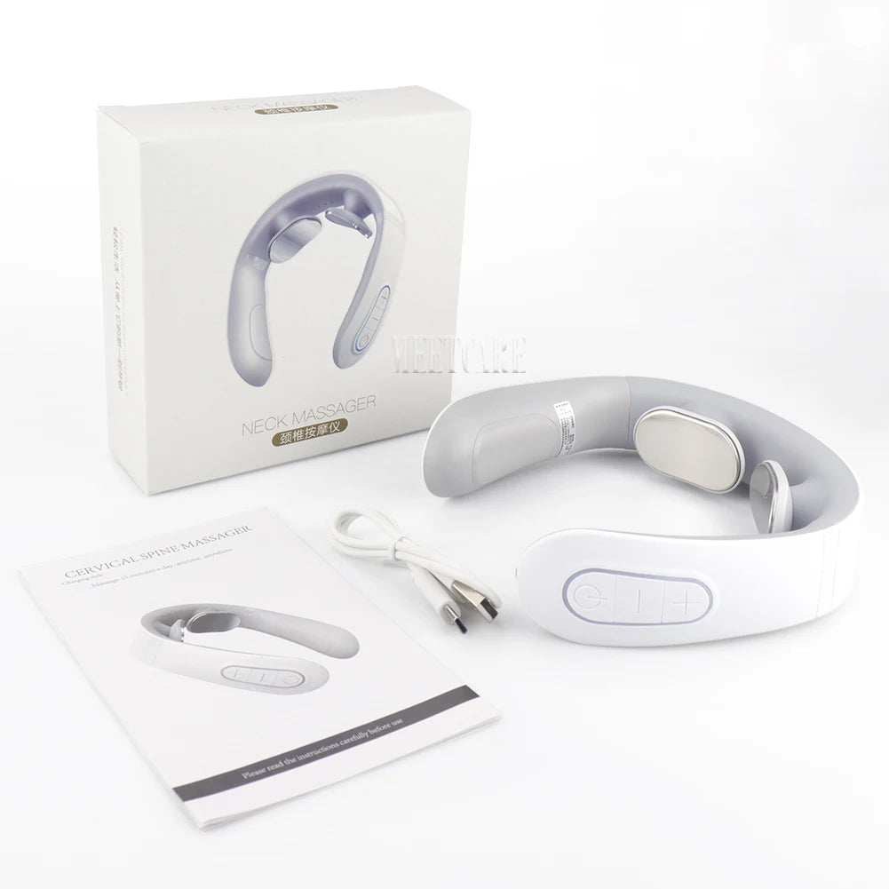 Skin Haven Electric EMS Pulse Neck Massager for wellness, showing the device with adjustable straps and control buttons.