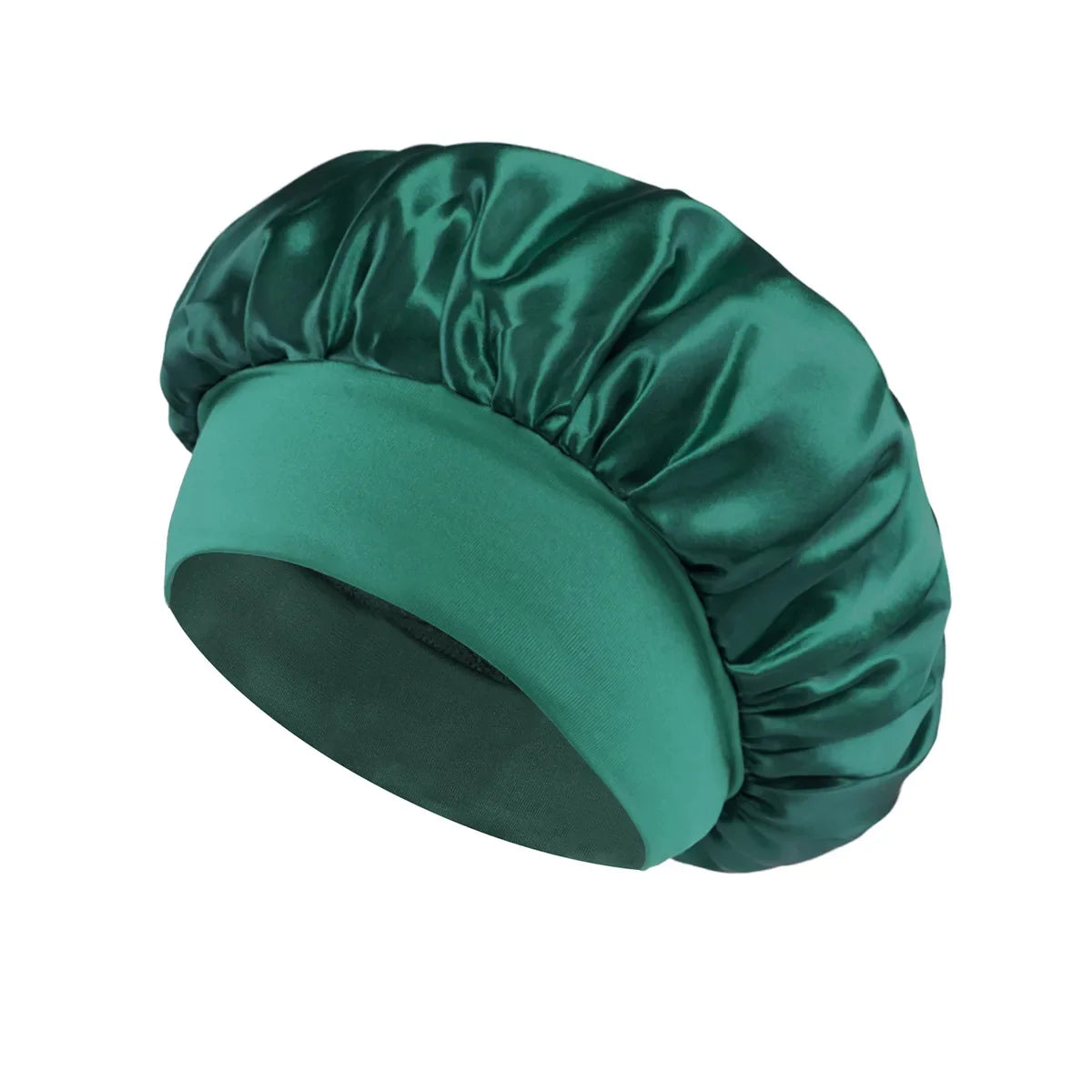 Skin Haven satin sleep bonnet with wide brim and elastic band, designed for gentle hair care and protection during sleep.