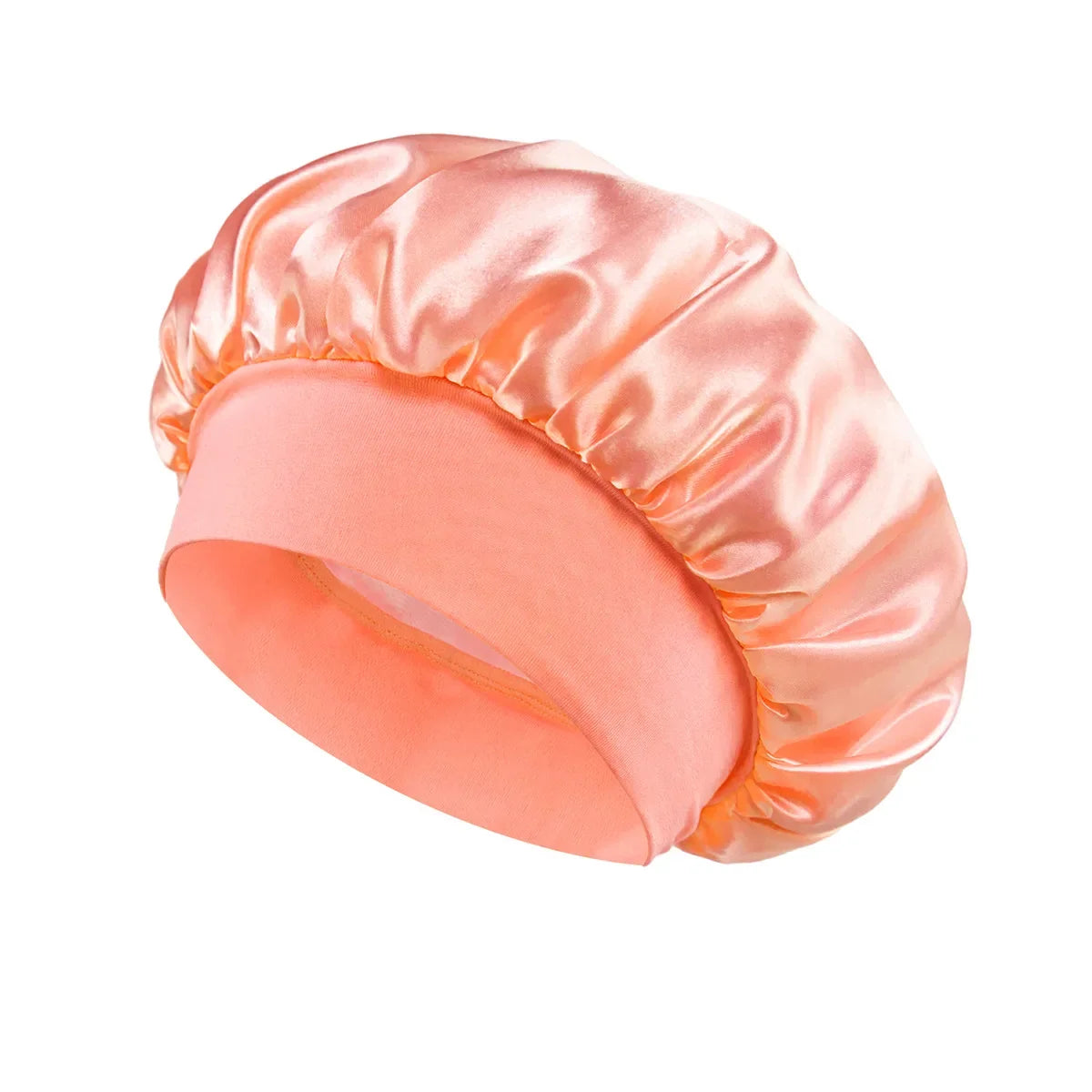 Skin Haven satin sleep bonnet with wide brim and elastic band, designed for comfortable hair protection during sleep.