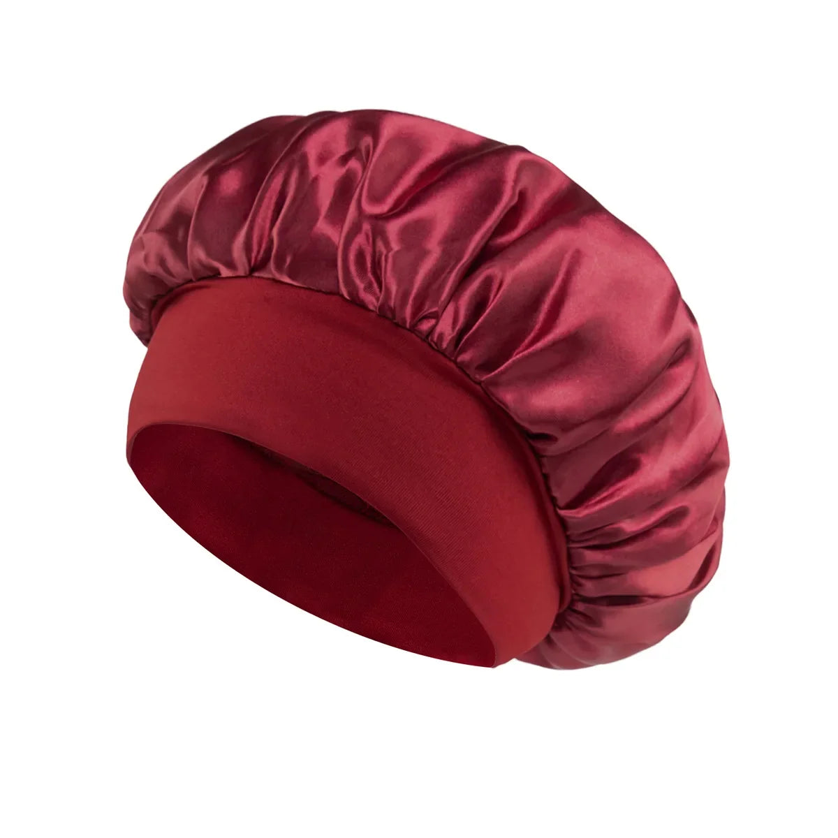 Skin Haven satin sleep bonnet with wide brim and elastic band, designed for comfortable hair protection during sleep.