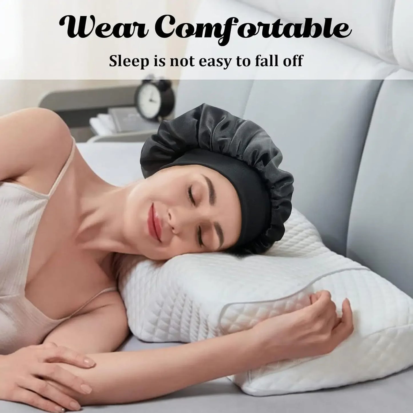 Skin Haven satin sleep bonnet with wide brim and elastic band, designed for hair care and protecting hair overnight.