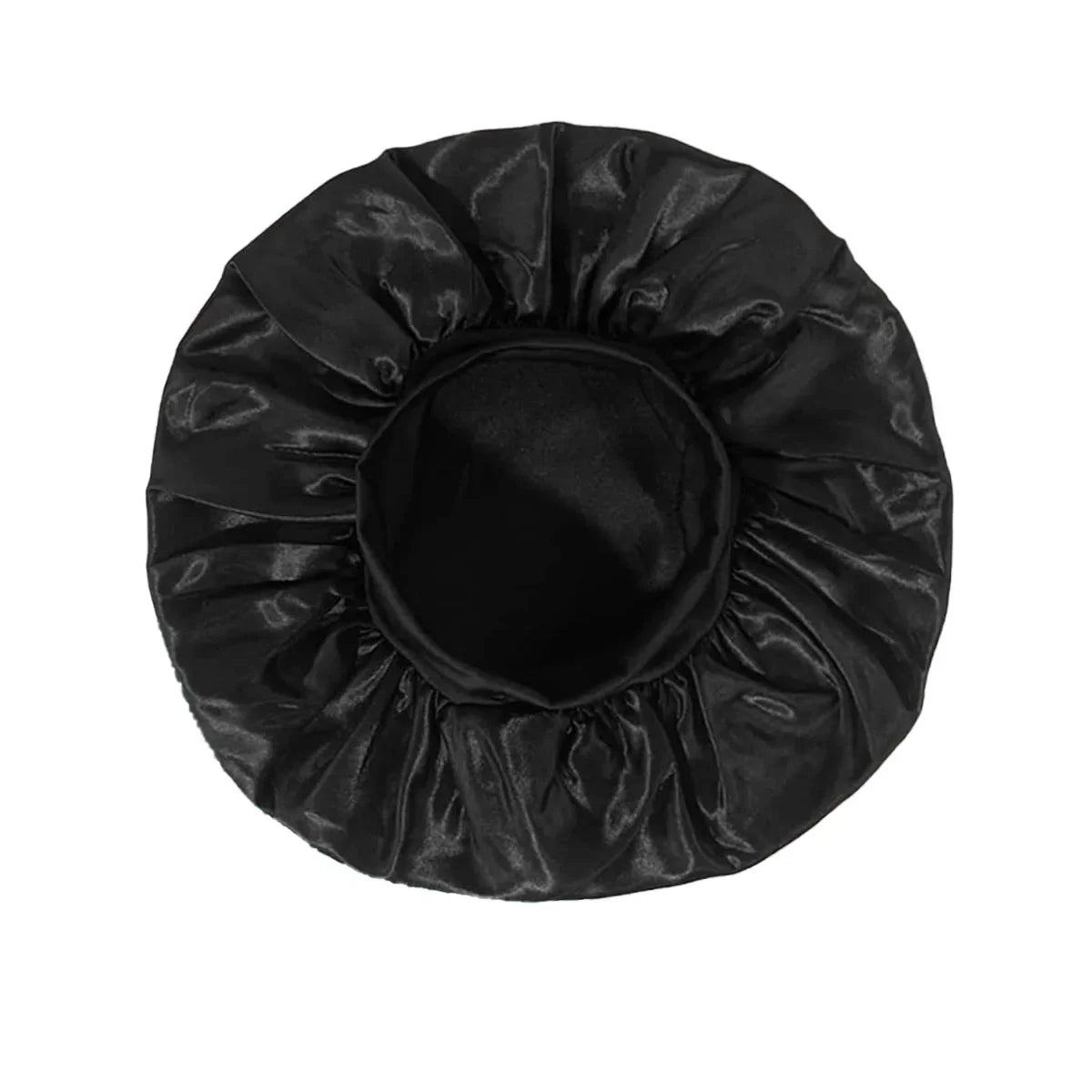 Skin Haven satin sleep bonnet with wide brim and elastic band, designed for comfortable hair protection during sleep.