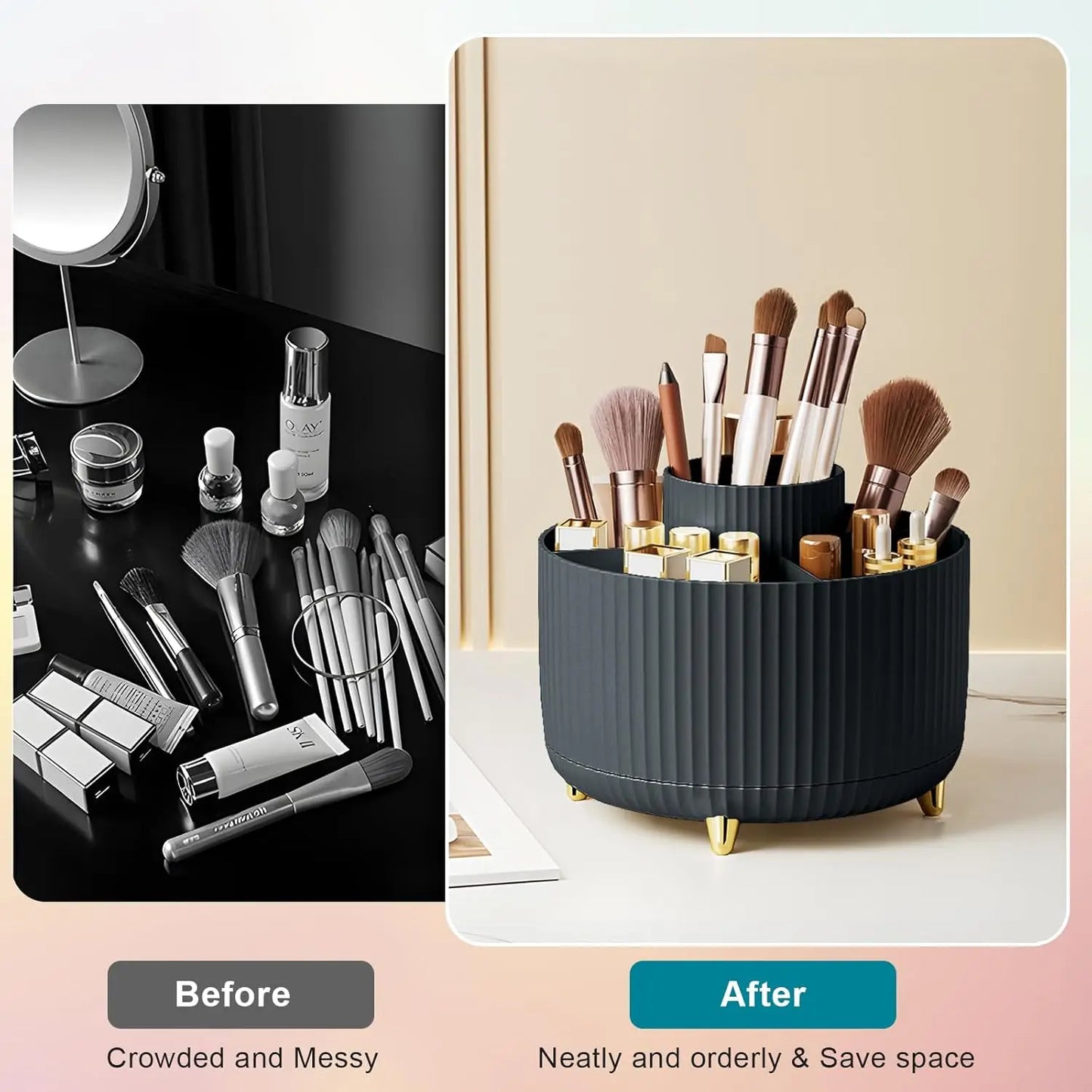 360° Rotating Makeup Brush Organizer With 5 Compartments