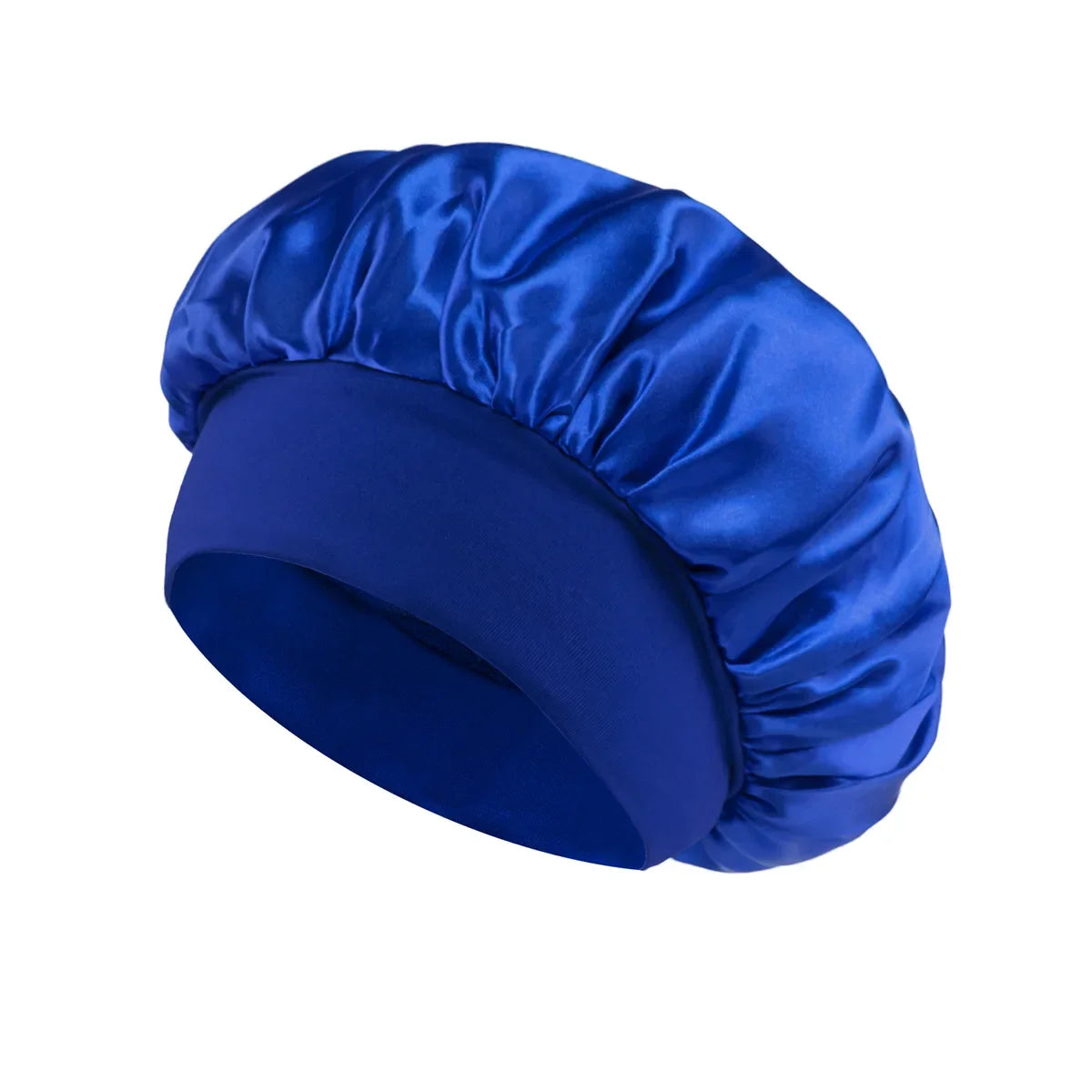 Skin Haven satin sleep bonnet with wide brim and elastic band, designed for gentle hair care and nighttime comfort.