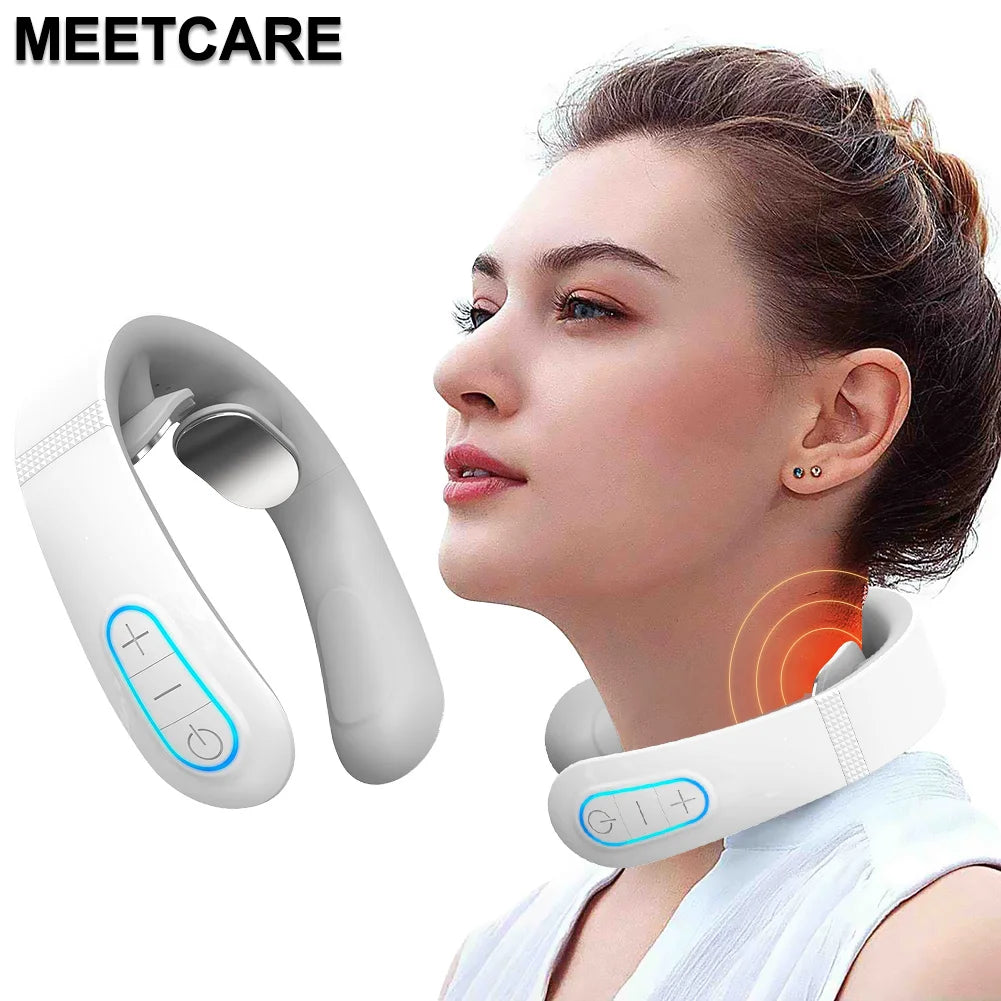 Skin Haven Electric EMS Pulse Neck Massager for wellness, showing the device with adjustable straps on a person's neck.