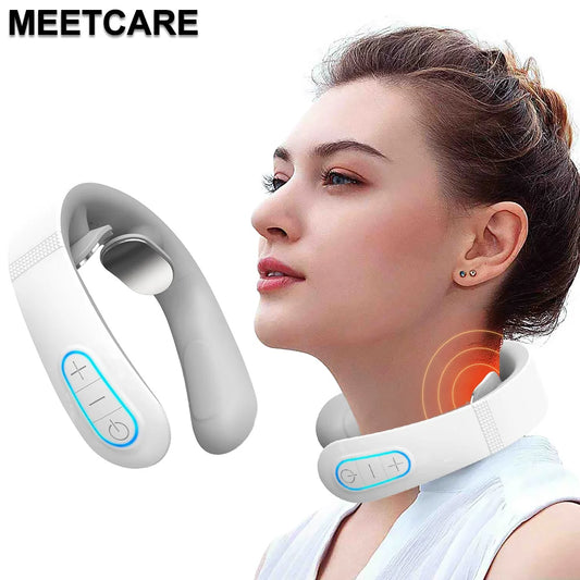 Skin Haven Electric EMS Pulse Neck Massager for wellness, showing the device with adjustable straps on a person's neck.
