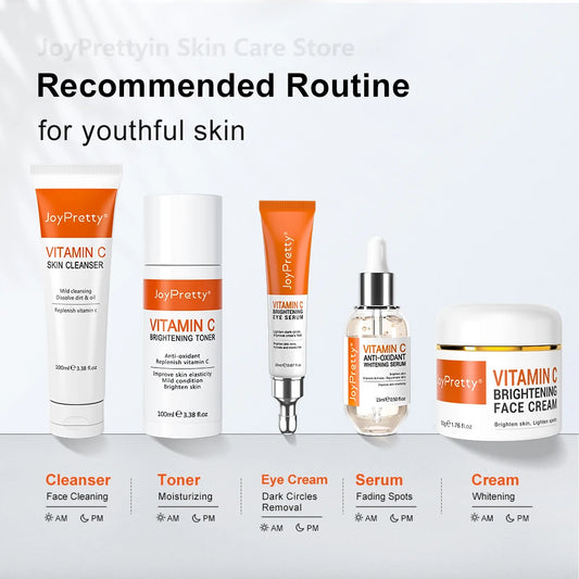 Skin Haven Vitamin C dark spot brightening skincare set with bottles and jars for radiant, even-toned skin.