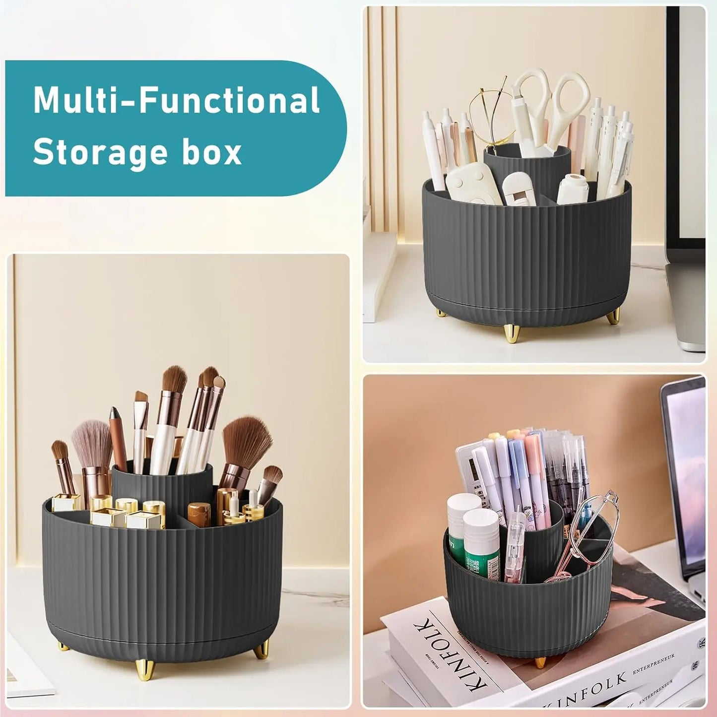 360° Rotating Makeup Brush Organizer With 5 Compartments